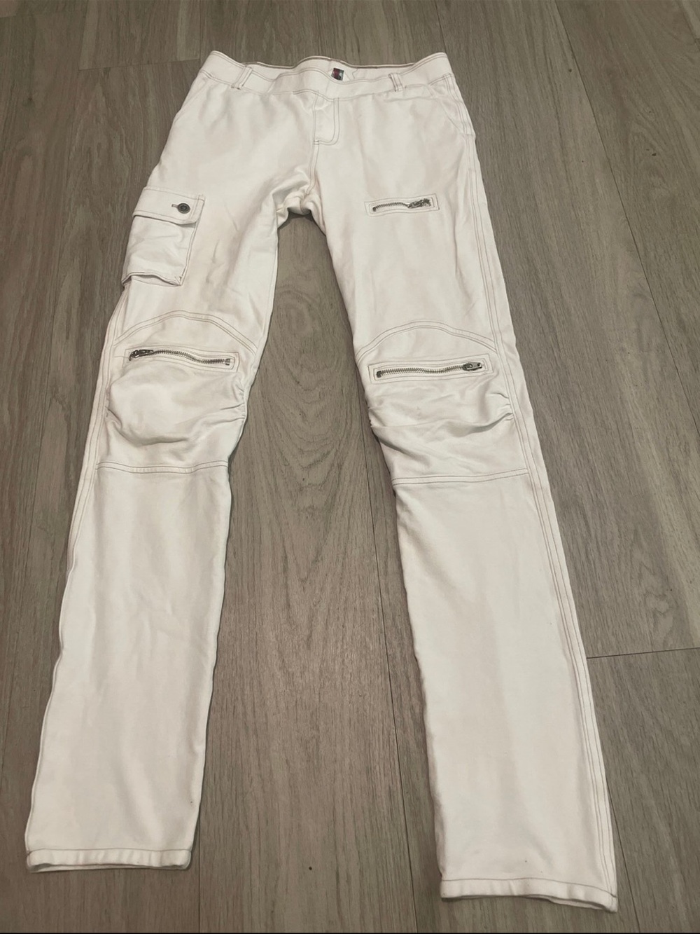 Y2K stretch material White Straight-Leg Cargo Pants with Zip Details